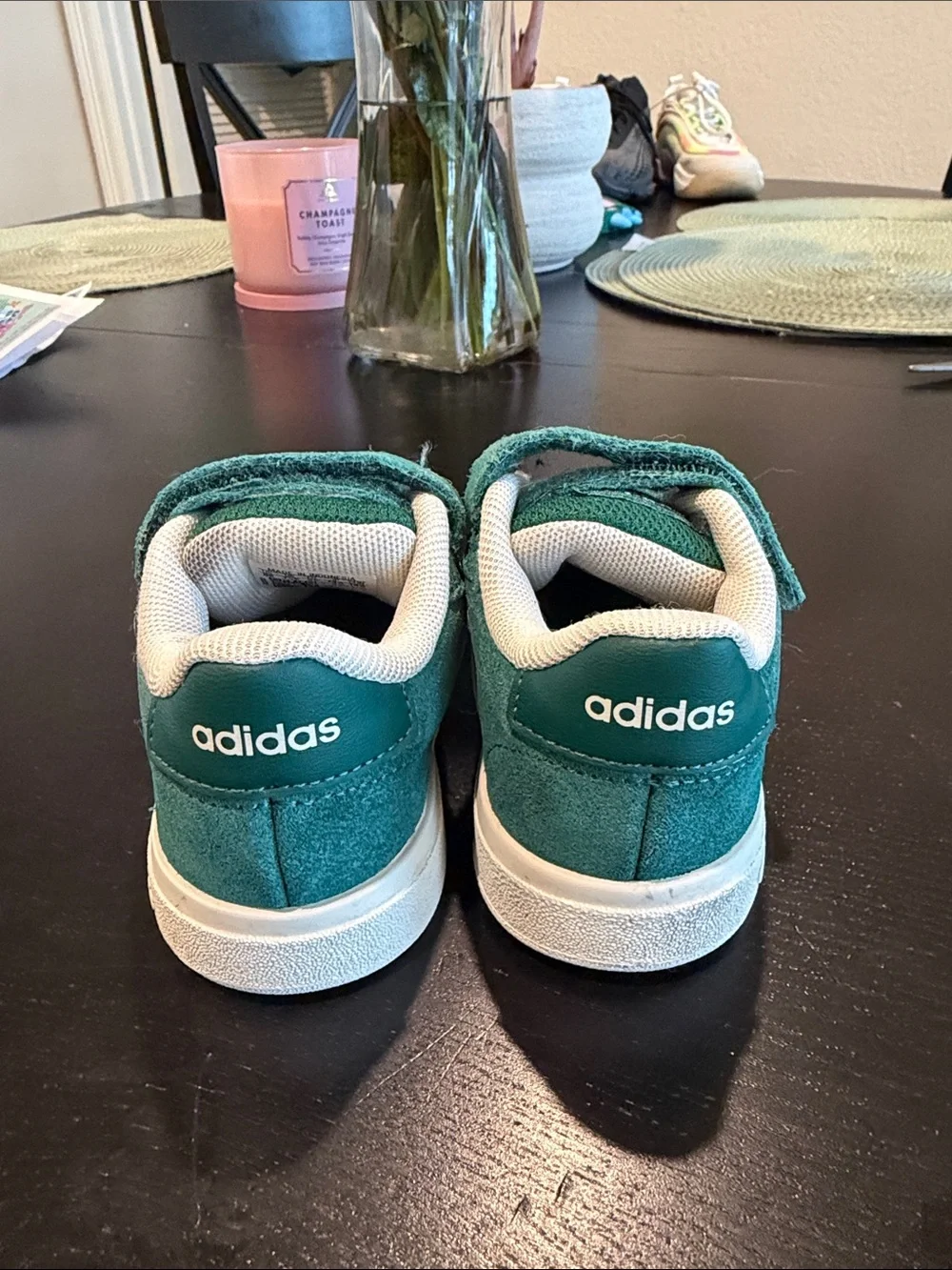adidas Kids Green Suede Sneakers with White Stripes and Strap